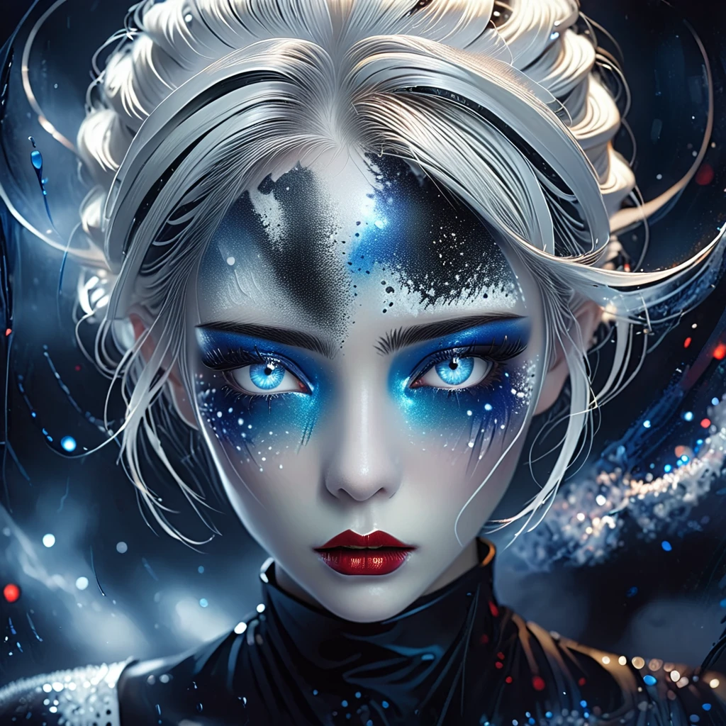 ((masterpiece)), Surreal, Portrait of a beautiful white skinned vampire (Black enamel), Heavy makeup, Bright Blue Eyes, In a dark and gloomy environment. (Prompt is in Portuguese)