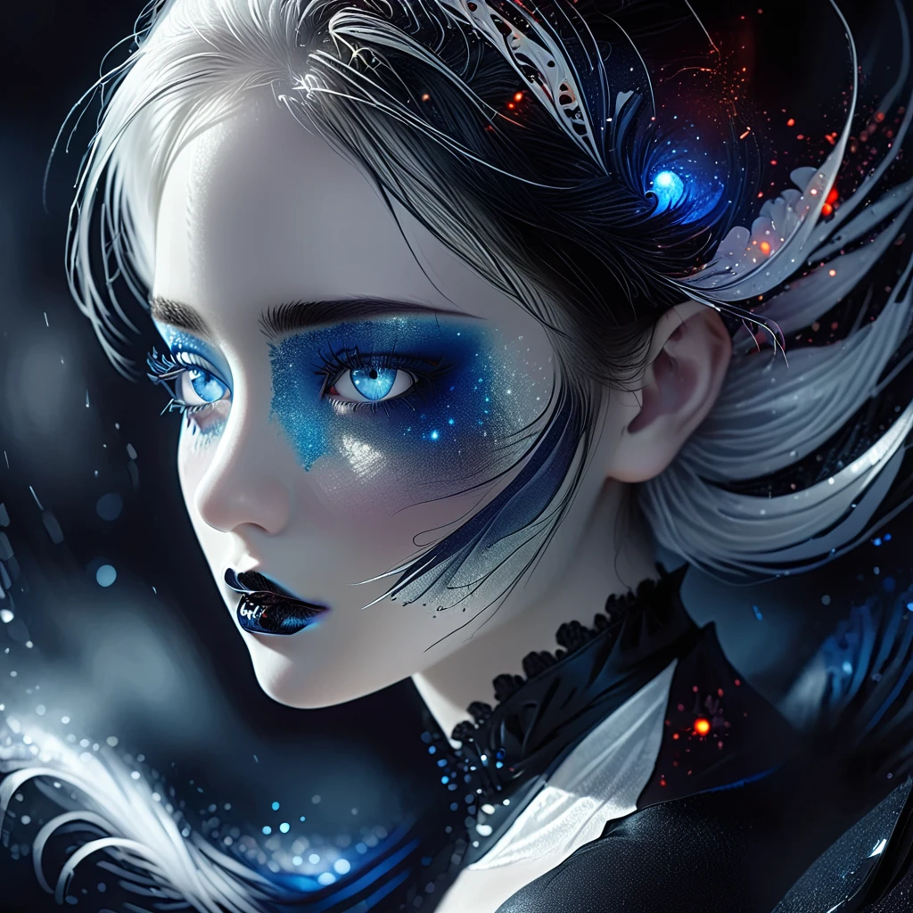 ((masterpiece)), Surreal, Portrait of a beautiful white skinned vampire (Black enamel), Heavy makeup, Bright Blue Eyes, In a dark and gloomy environment. (Prompt is in Portuguese)