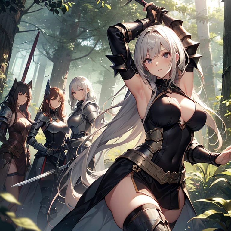 A group of  female knight, (in forest), various hair styles, harem, wearing armored clothes, metal armor, night, details face, , short skirt, seducing, sword, showing armpits, sleeveless