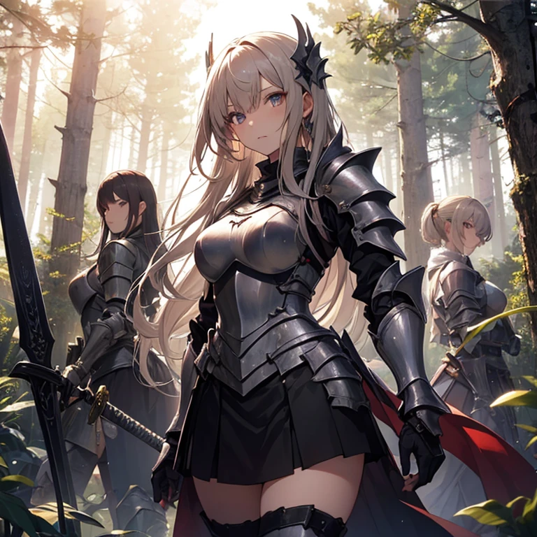 A group of female knight, (in forest), various hair styles, harem, wearing armored clothes, metal armor, night, details face, , short skirt, seducing, sword, showing armpits, sleeveless