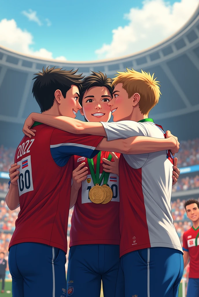 An image showing athletes from different countries greeting each other and exchanging medals