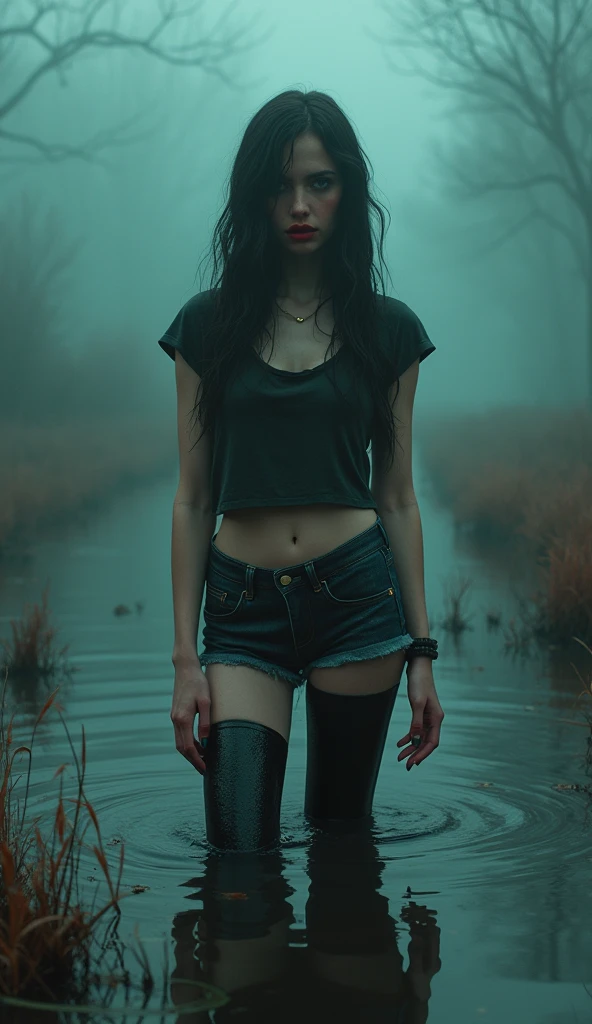 girl in fetishistic rubber stockings and denim cut-offs and t-shirt stuck in bog