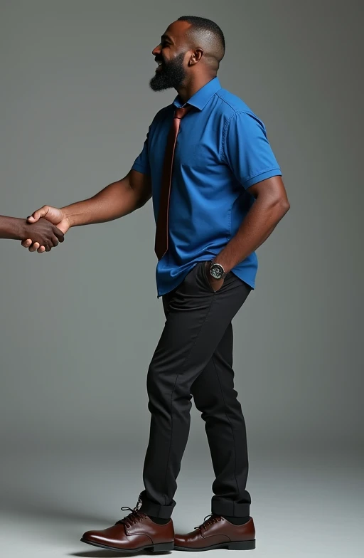 A black man smiling, baldie, blue polo shirt, dark brown tie and pants with elegant sneakers, sideways while standing shaking someone&#39;s hand