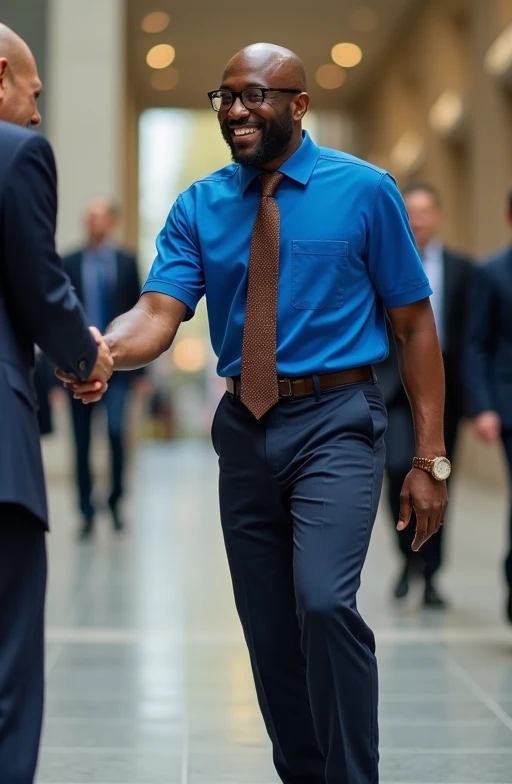 A black man smiling, baldie, blue polo shirt, dark brown tie and pants with elegant sneakers, sideways while standing shaking someone's hand