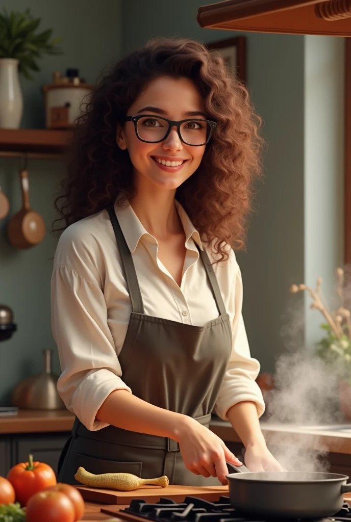 Woman with curly hair wearing glasses cooking
