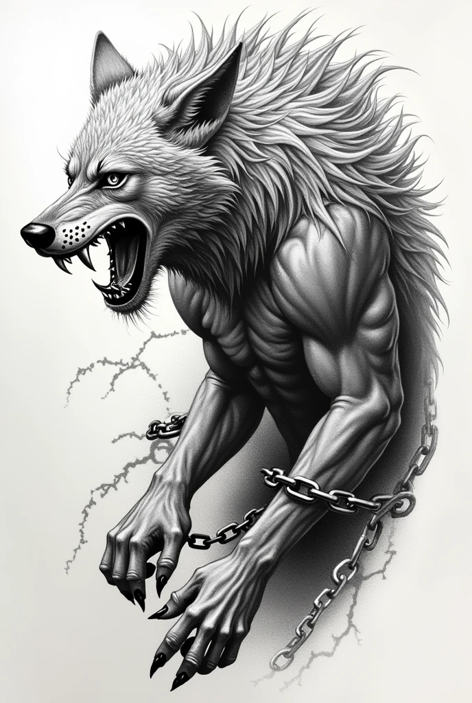 Create a pointillism tattoo pointillism pointillism of Fenrir the Viking wolf on his side in black and white black and white with chains