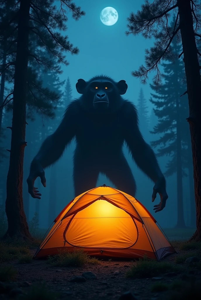 Picture of a tent at night and the tent is being watched by a mysterious creature. (giant monkey)