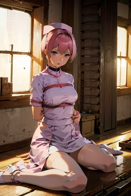 (Highest quality, 4K, 8k, High resolution, masterpiece:1.2), Very detailed, Picturesque, Anime style photo, Photo Anime:1.37)、Sultry warehouse、Japanese、(Pink pixie cut)、girl、Big Breasts、(Nurse uniform)、Constraints、Rope both wrists、Sweaty skin、Sweaty hair、whole body、Nipples、
