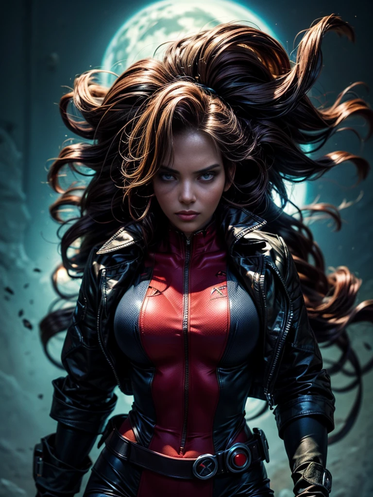 Halle Berry、masterpiece、High quality 4K、villain (X-Men)、Gothic Girl、Sculpted Body Gothic Makeup、Black jacket、Red and blue bodysuit、masterpiece、Highest quality、Cowboy Shots、One personの女の子、One person、Technology Military Bodysuit、fringe