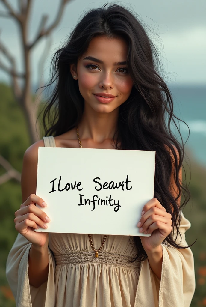 Beautiful moroccan girl with curly long hair, moroccan hot dress, holding a white board with text "I Love Seaart Infinity" and showing it to the viewer on beach with big ass, with black hot black man slap her ass