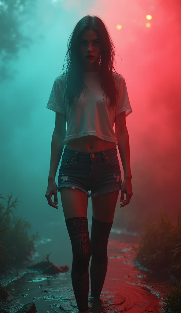 girl in (fetishistic ethnic pattern black shiny rubber stockings) and denim cut-offs and t-shirt stuck in bog, red fog, blue green fog, red lips