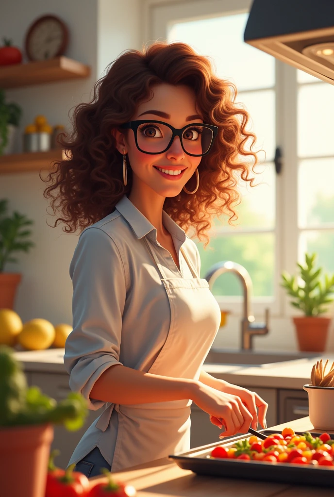 Woman with curly hair wearing glasses cooking