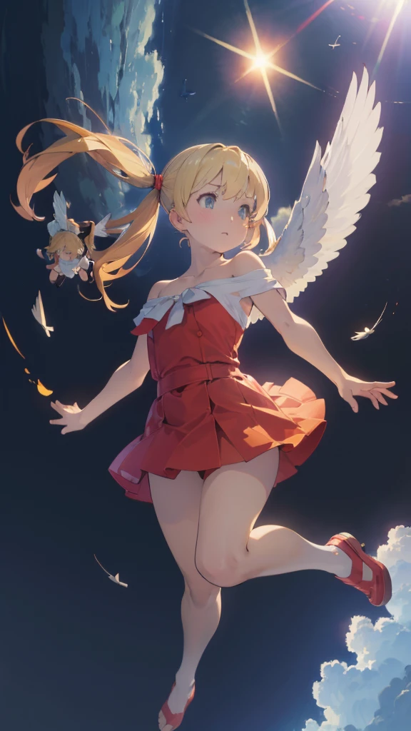 (Complete limbs)(Full Finger)(High resolution), (Very detailed)((masterpiece))((Highest quality))(Blonde)(Becoming an angel and flying in the sky、Falling、sky diving)Twin tails、In the sky、No clothes hanging on my shoulders、 Off the shoulder、Sleeveless、Character Design、Red dress、