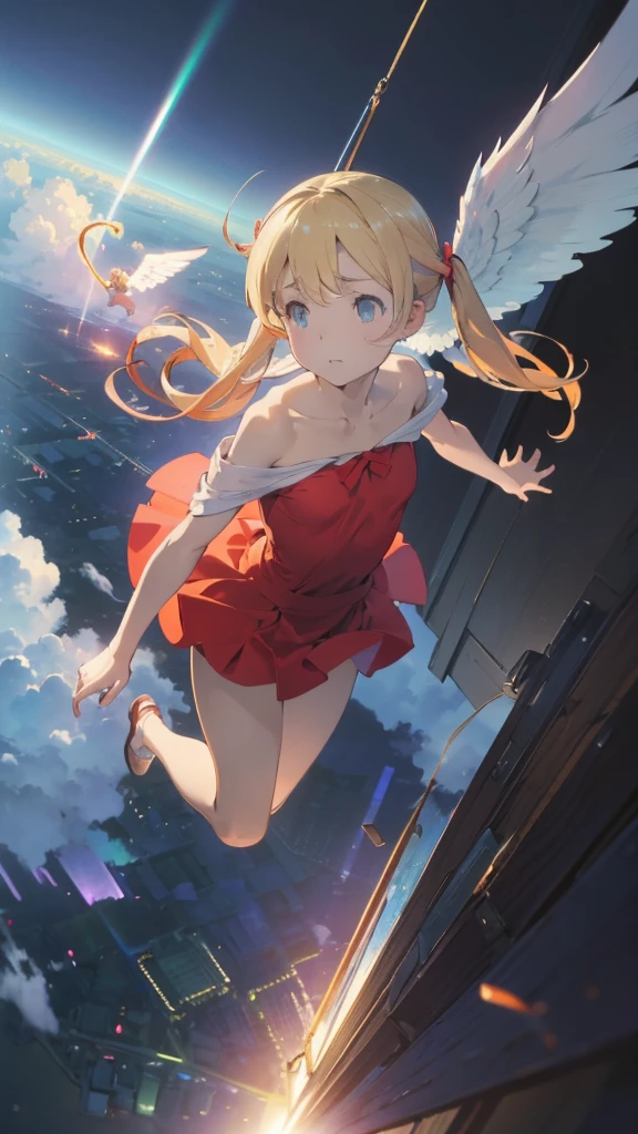 (Complete limbs)(Full Finger)(High resolution), (Very detailed)((masterpiece))((Highest quality))(Blonde)(Becoming an angel and flying in the sky、Falling、sky diving)Twin tails、In the sky、No clothes hanging on my shoulders、 Off the shoulder、Sleeveless、Character Design、Red dress、