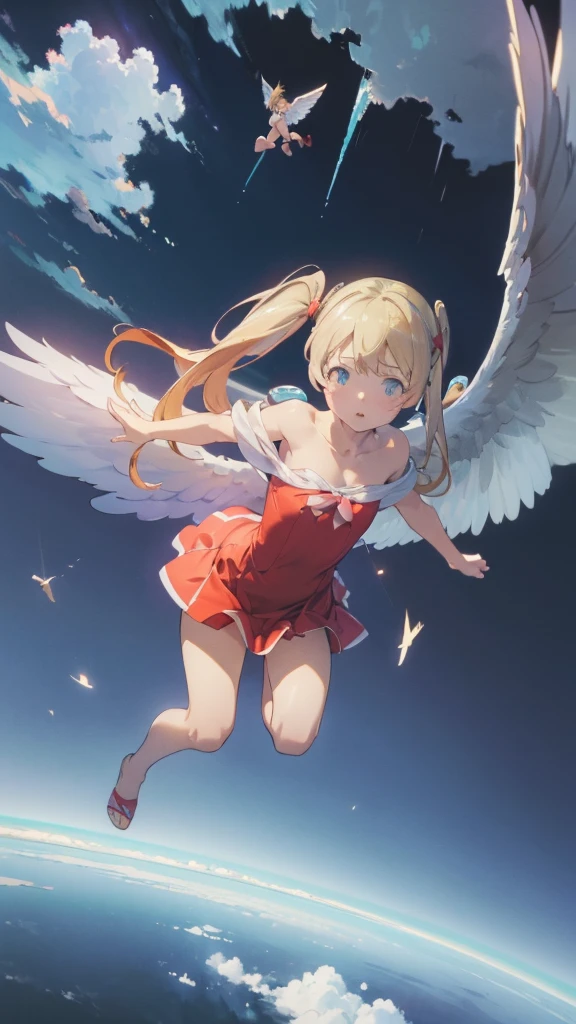 (Complete limbs)(Full Finger)(High resolution), (Very detailed)((masterpiece))((Highest quality))(Blonde)(Becoming an angel and flying in the sky、Falling、sky diving)Twin tails、In the sky、No clothes hanging on my shoulders、 Off the shoulder、Sleeveless、Character Design、Red dress、