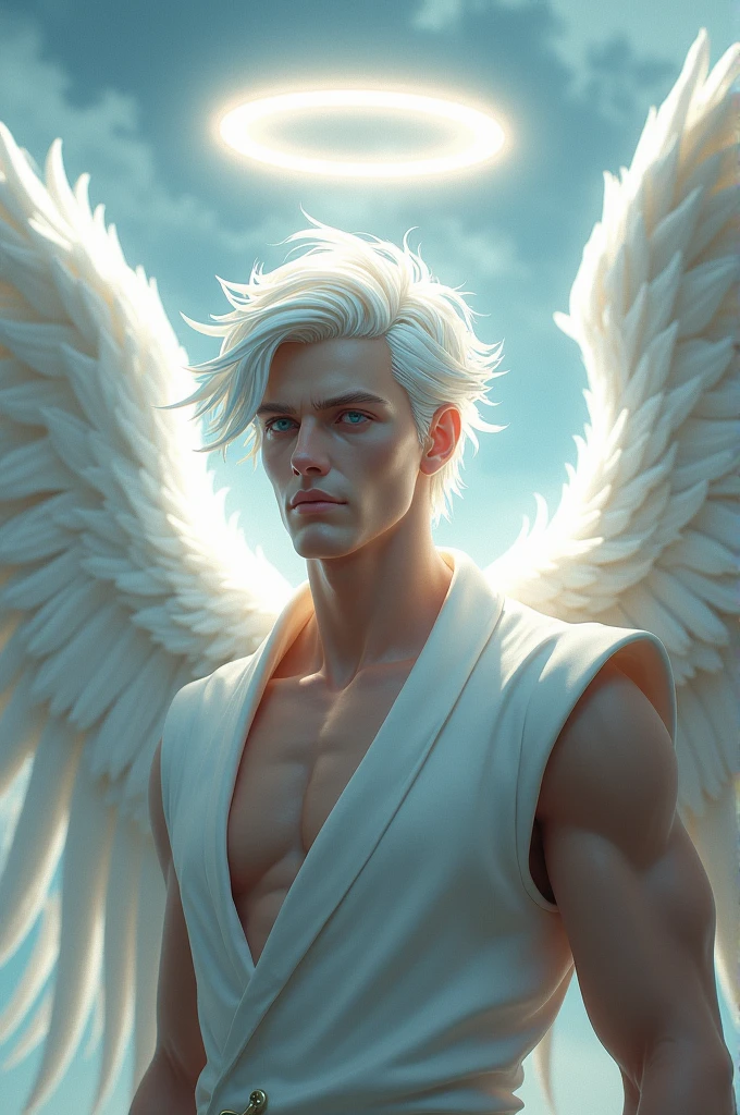 A gentle, white-winged male Asian feature albino angel (simple design) - Soft colors, with a subtle glow, white wavy 8" hair, white skin, purpled color eyes, most handsome masculine male angel, 11'0" tall, white and gold large wings, built-in gold armor on chest and arms, large muscular biceps, large thighs, chiseled ads, define jawline, pearl white lower garment, 32K UHD, masterpiece, best quality, style raw, walking through an enchanted garden of Eden. - Ethereal background, with a subtle texture, naked chest, lined with gold, Large white and Gold wings. the angel is a man