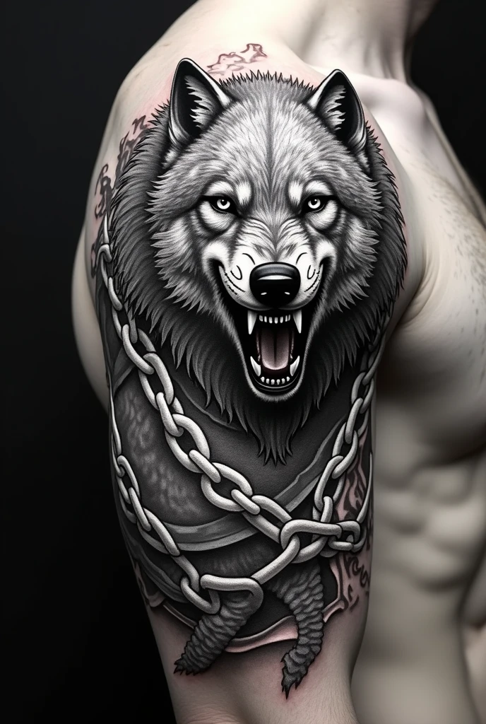 Create a pointillism tattoo pointillism pointillism of Fenrir the Viking wolf on his side in black and white black and white with chains