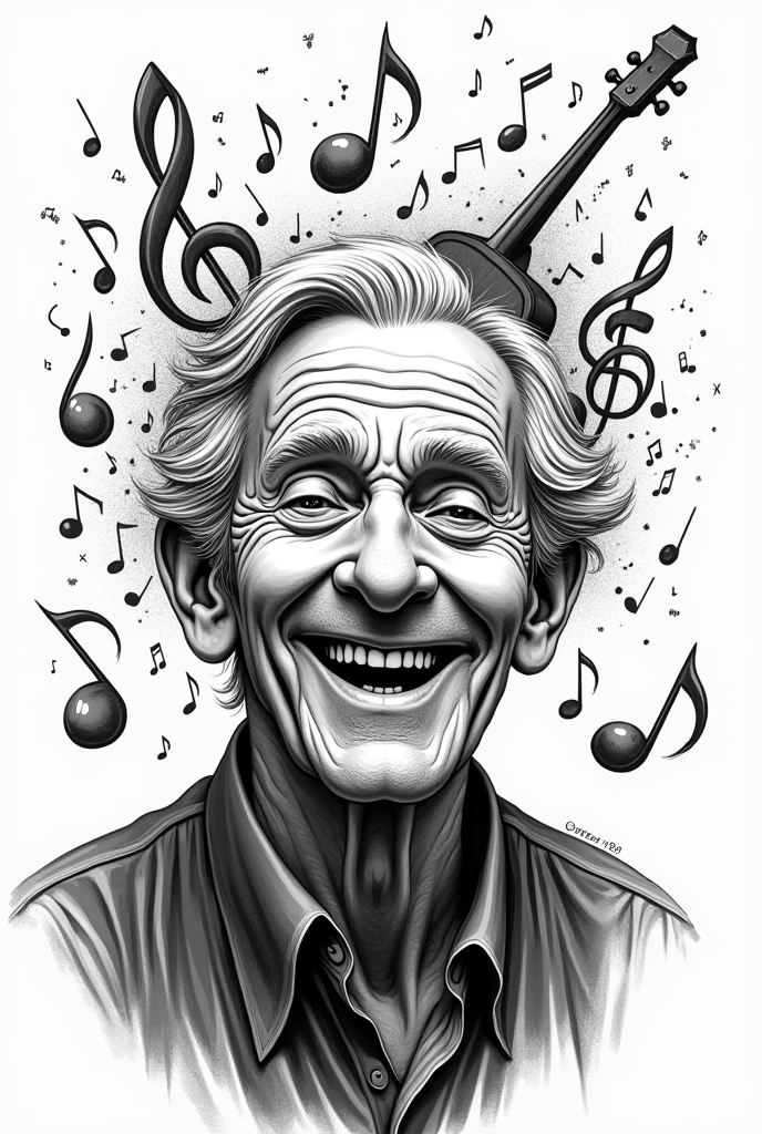 Black and white draw of an old black smilling with music around his head