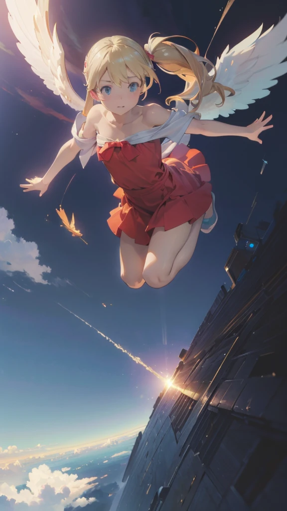 (Complete limbs)(Full Finger)(High resolution), (Very detailed)((masterpiece))((Highest quality))(Blonde)(Becoming an angel and flying in the sky、Falling、sky diving)Twin tails、In the sky、No clothes hanging on my shoulders、 Off the shoulder、Sleeveless、Character Design、Red dress、