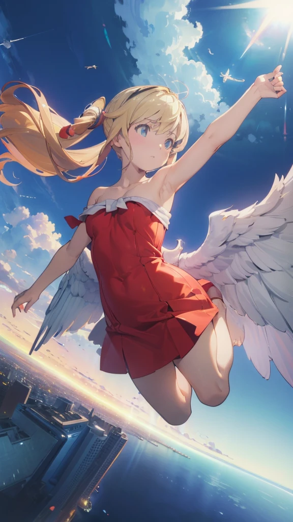 (Complete limbs)(Full Finger)(High resolution), (Very detailed)((masterpiece))((Highest quality))(Blonde)(Becoming an angel and flying in the sky、Falling、sky diving)Twin tails、In the sky、No clothes hanging on my shoulders、 Off the shoulder、Sleeveless、Character Design、Red dress、