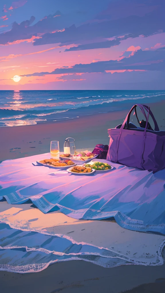 Picnic on the beach. it is nightfalling, the sky has shades of blue, purple and pink. The sea is calm and almost waveless.. There is not any person. Very detailed drawing, with different textures in the picnic food.