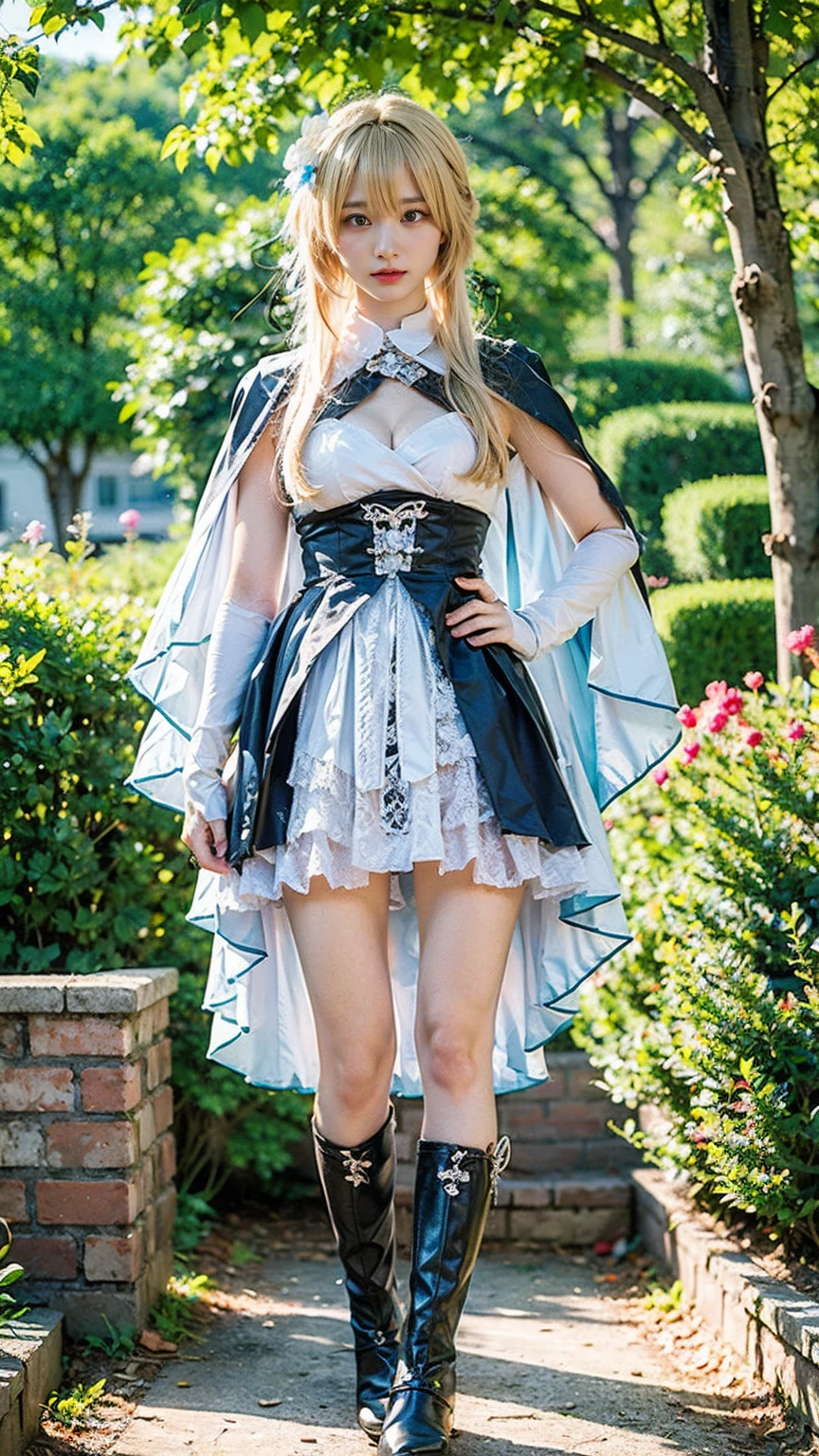 (8k、RAW Photos、Highest quality、masterpiece:1.2)、(Realistic、Realistic)、1 girl、((Blonde、White and light blue、garden、Frills、Cape、mini skirt、Thin legs、whole body、boots、View from the front、Looking into the camera、Stand with hands on hips))、cute