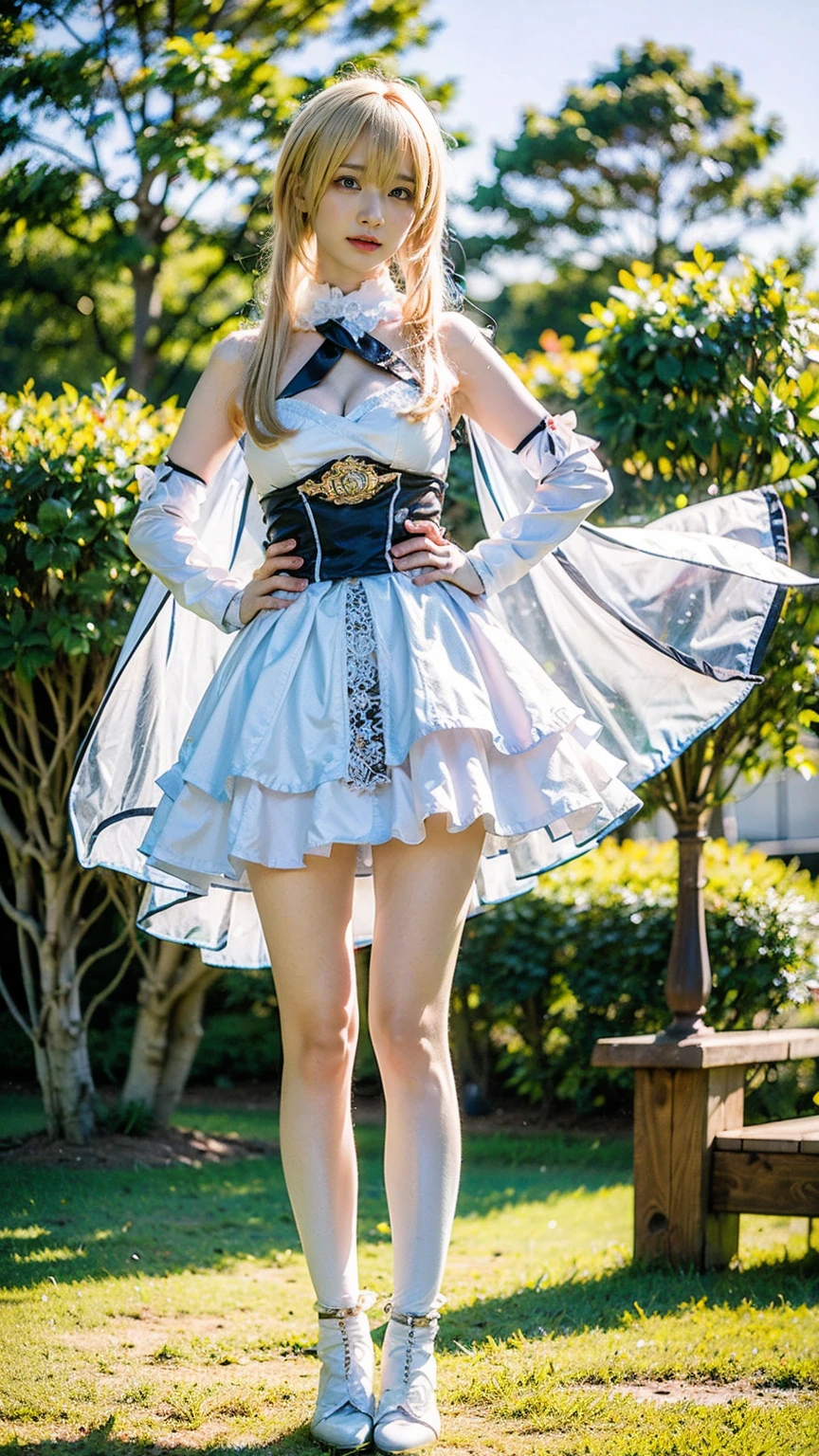 (8k、RAW Photos、Highest quality、masterpiece:1.2)、(Realistic、Realistic)、1 girl、((Blonde、White and light blue、garden、Frills、Cape、mini skirt、Thin legs、whole body、boots、View from the front、Looking into the camera、Stand with hands on hips))、cute