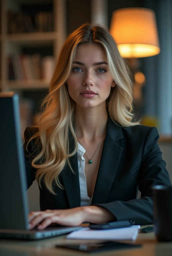 a pretty one with long blonde hair, detailedeyes, nase, and lips, wearing professional clothing, sitting in his office, using your computer, HP computer (best qualityer,4K,8k,high resolution,work of art:1.2),ultra detali,(realisitic,photorealisitic,photo-realisitic:1.37),HDR,studio lighting,extremely detailed face and body, portraite,cinematic lighting,dramatic lighting,warm color tones,dramatic colors