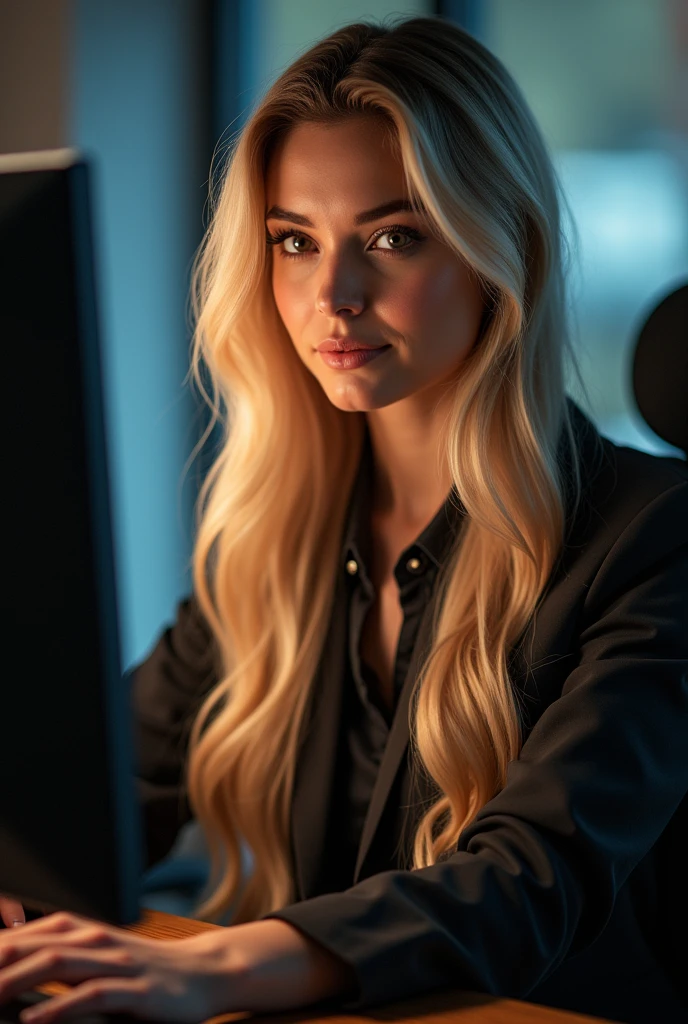 a pretty one with long blonde hair, detailedeyes, nase, and lips, wearing professional clothing, sitting in his office, using your computer, HP computer (best qualityer,4K,8k,high resolution,work of art:1.2),ultra detali,(realisitic,photorealisitic,photo-realisitic:1.37),HDR,studio lighting,extremely detailed face and body, portraite,cinematic lighting,dramatic lighting,warm color tones,dramatic colors