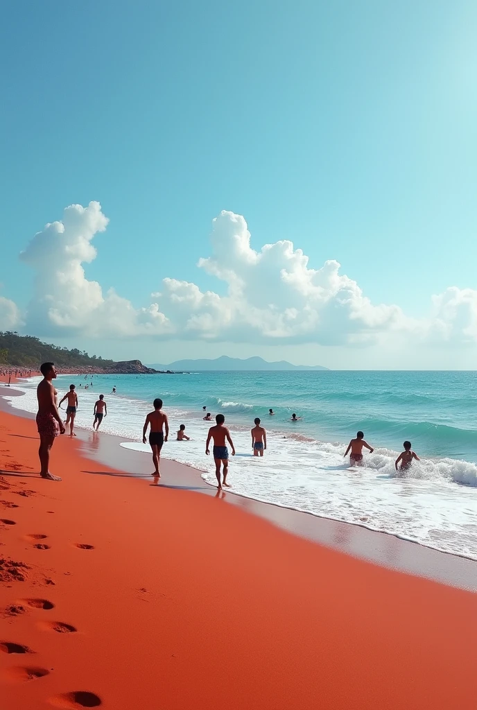 a group of people standing on top of a beach next to the ocean, people swimming, red sand, profile image, local people chasing to attack