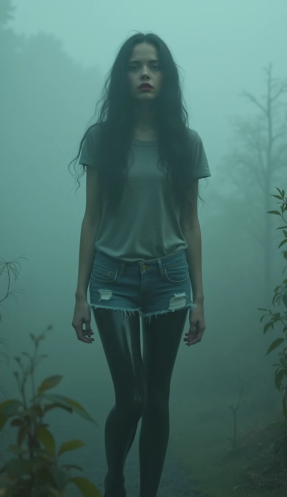 [Core Concept] A young woman trapped in a mysterious, otherworldly bog, surrounded by an eerie, multi-colored fog.

[Character Description] A captivating girl, dressed in a provocative yet casual ensemble - shiny black rubber stockings, denim cut-off shorts, and a simple t-shirt. Her striking red lips stand out amidst the otherworldly haze.

[Environment/Background] The girl is immersed in a bog or swampy terrain, enveloped in a surreal blend of red, blue, and green fog that obscures the landscape.

[Style and Atmosphere] The scene has a distinct fetishistic, dystopian atmosphere, blending the mundane with the supernatural and the alluring with the unsettling.

[Composition] The girl is the central focus, trapped and vulnerable within the strange, swirling mists that dominate the frame.

[Details and Embellishments] The shiny, fetishistic stockings and the girl's vibrant red lips create a captivating contrast against the muted, hazy environment. The denim cut-offs and t-shirt lend a sense of everyday normalcy, heightening the uncanny nature of the scene.

[Technical Specifications] The image should be rendered with a high degree of detail and realism, with a focus on capturing the textures, lighting, and atmospheric qualities of the scene.