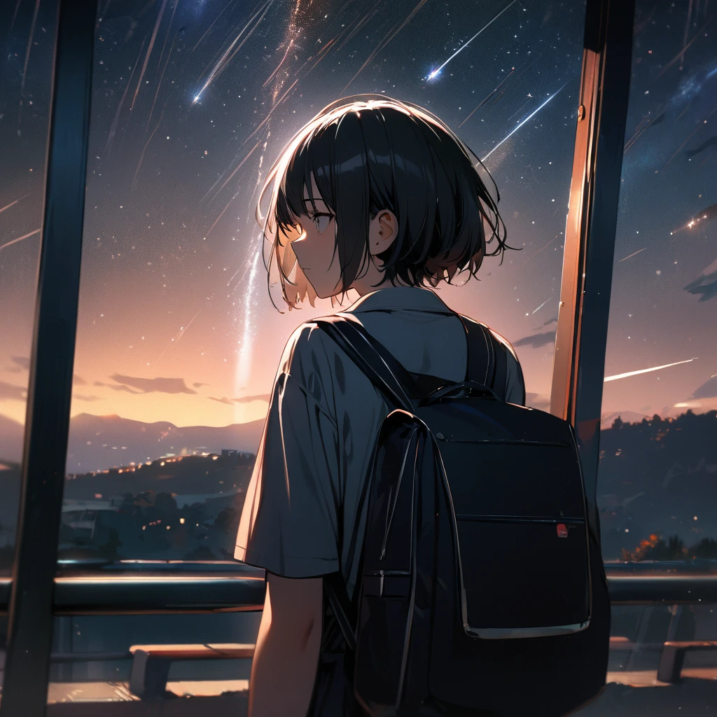 1 girl,Back view,amazing quality, aesthetic, aesthetic,ultra-detailed face,15yo,black hair,short hair,Oversized School uniform,(Meteor shower,star and hart effect:1.3),rimlight,bus stop,masterpiece,8K,top quality, highly detailed illustration