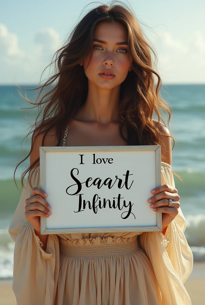 Beautiful girl with wavy long hair, bohemian dress, holding a white board with text "I Love Seaart Infinity" and showing it to the viewer