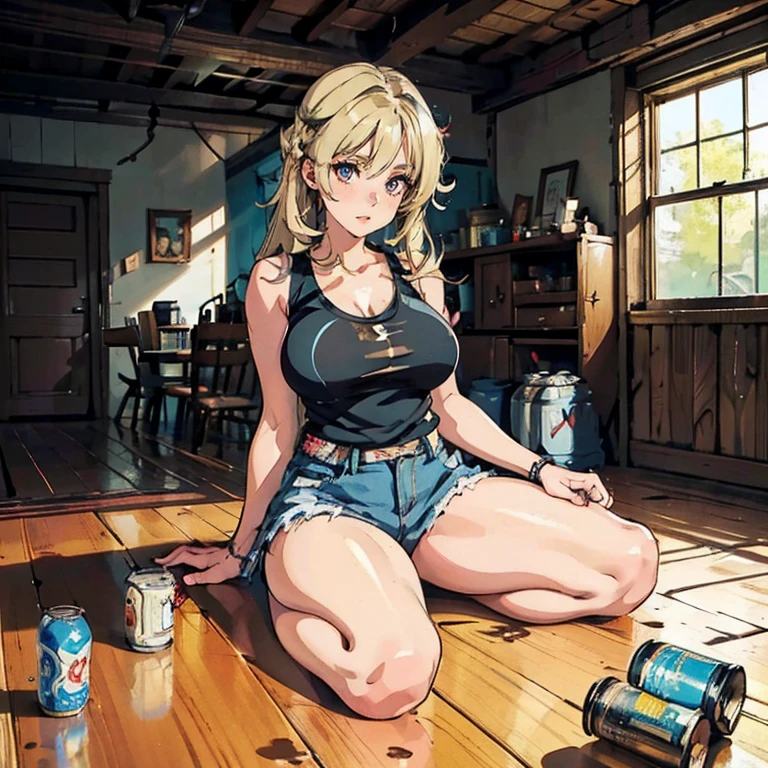 Anime Kawaii sexy Perfect Slim sensual body large breast and huge thighs, An intricate and highly detailed illustration of anime (Young girl)  (best qualityer, work of art) ((1 girl)), ((única Woman)), Woman, Thick, big cleavage, Jumpy, hot head, melhorar, skin tanned, ((abdomen)) (darkskin) eyes black, hair blonde, Messy hair, ((((Tank Tops)))), sloppy, sitting on the floor, messy table, empty canned beers, inside a house