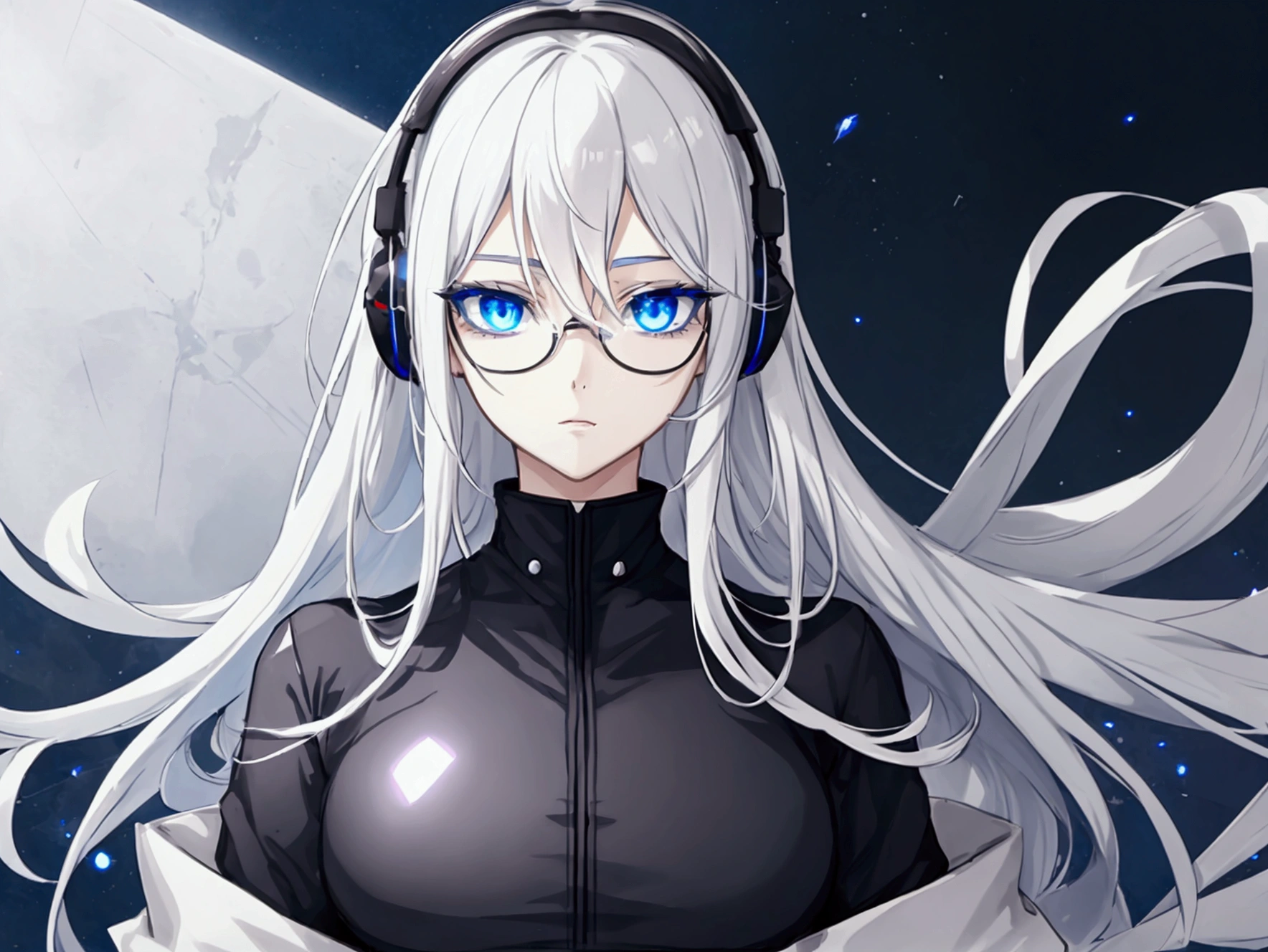 An anime dark girl, Beautiful eyes, white hair, Blue eyes, with headphones, his eyes are serene, beautiful eyes, black hair, blue eyes, scene with a futuristic car, in a secret organization outfit, with dark glasses