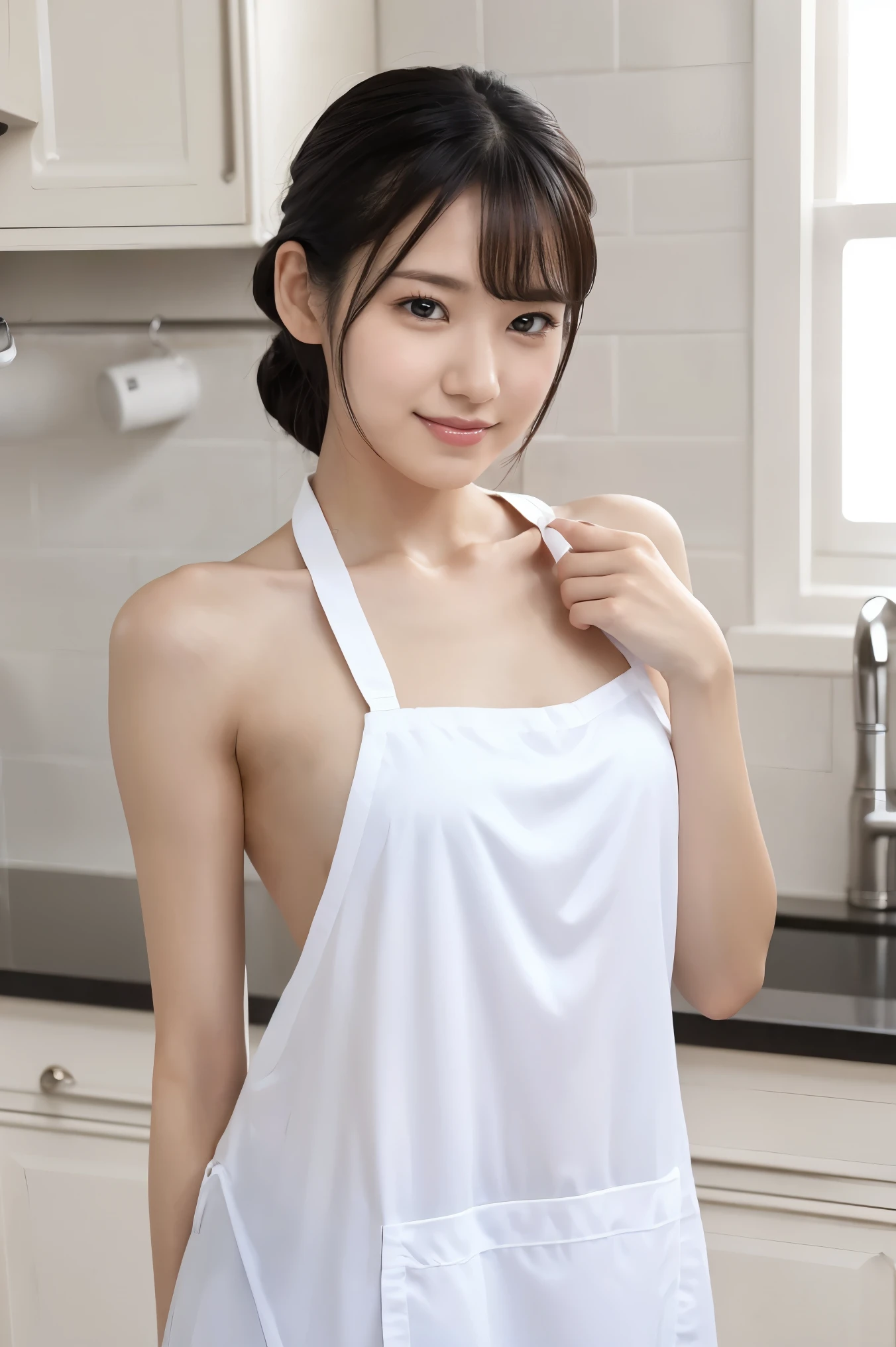 (Highest quality、Tabletop、8k、Best image quality、Award-winning works)、1. pretty girl、(Naked and wearing only a white apron:1.2)、(The perfect pure white apron:1.2)、(Slender body:1.1)、Perfect girl portrait photo、Glowing Skin、Brown Hair、(Accentuate your body lines:1.1)、Standing Elegantly、(Face close-up:1.4)、Cute Smile、(Classy kitchen background:1.5)