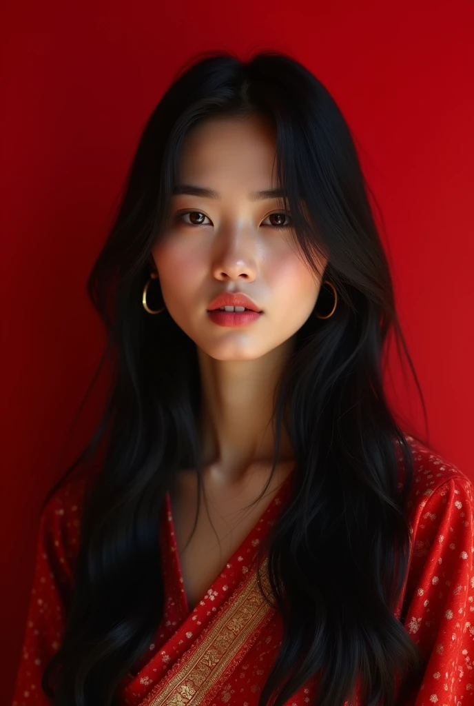 "masterpiece, ultra-realistic, 20 years old, 8k, hd, Sweet beautiful girl Indonesia, black hair, very long hair, straight hair, closed mouth, girl, detailed front face, Very beautiful woman's face, java traditional dress, red background, looking to viewer, 85mm lens, cinematic light"