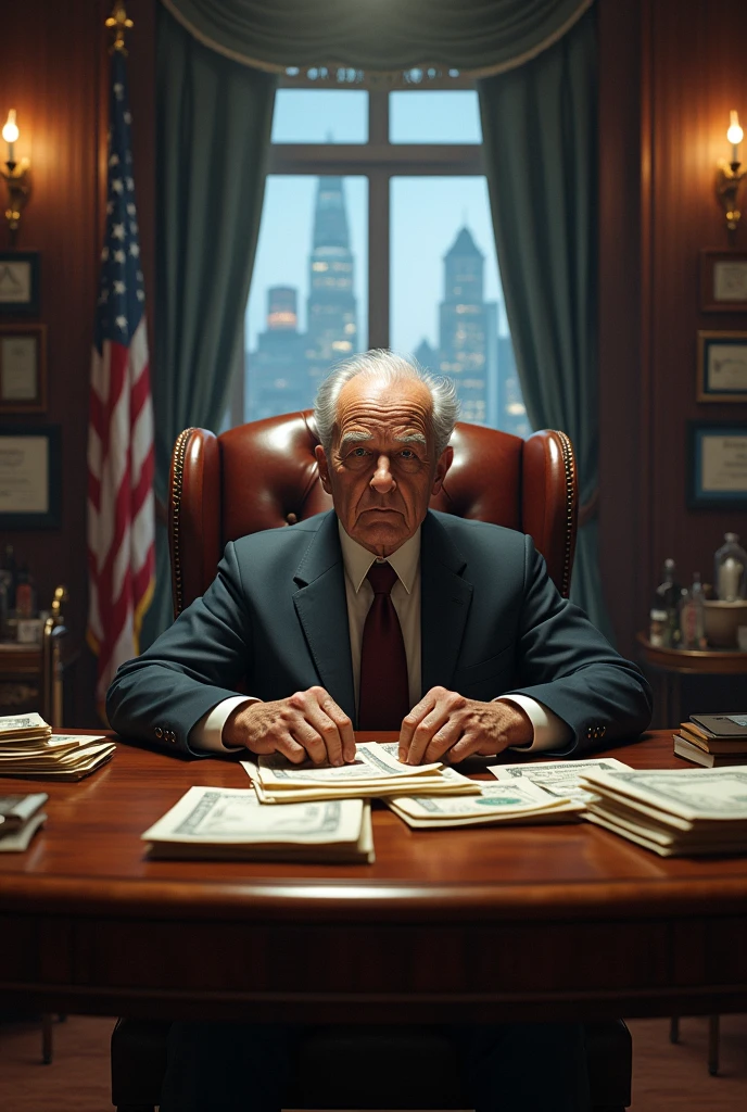 Old man in an office alone and with a lot of money 