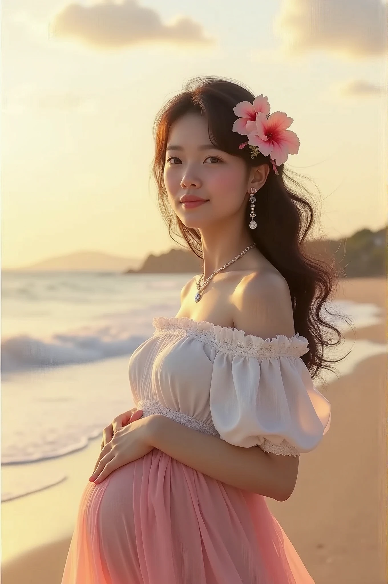 (Highest quality、Masterpiece、8k、Best image quality、Hyperrealism、Award-winning works)、1 pregnant woman、(alone:1.1)、(1 photo:1.1)、(最も鮮明でUltra-high resolution:1.1)、(A very young girl of 13:1.1)、(Height: 140cm:1.1)、(Short height (6 heads):1.1)、(Cute girl ornament:1.1)、(Cute girly hair accessories:1.1)、(Lots of cute girly decorations:1.1)、Girly big lolita ribbon、(cute wavy hair:1.1)、(Elegant white off-the-shoulder shirt with large frills:1.2)、(Light pink lace long flare skirt:1.2)、(The most natural slight belly bump during pregnancy:1.1)、Beautiful clear sky、Large Breasts、(Beautiful Hiroshi々とした滑らかな砂浜の上にStanding Elegantly:1.2)、(Vivid, clear,Ocean:1.2)、Beautiful surf edge、(Beautiful sunny sky:1.1)、(Beautiful cumulonimbus clouds:1.1)、Standing Elegantly、Look at me with your best smile、(Accurate anatomy:1.2)、Perfect Makeup、Long eyelashes、Glossy Lips、Ultra HD glossy skin、(Ultra-high resolution, bright and beautiful skin:1.2)、(very bright and vivid:1.3)、超高精細のGlossy Lips、Ultra-high resolutionの美しい歯、Hibiscus hair ornament、Cute lace decoration、Cute heart necklace、High-end earrings、Luxury wedding rings、(Super Realistic:1.1)、(Ultra-high definition photo-realistic professional photos:1.1)、(A magnificent and fantastical sunset:1.1)、Spectacular Cinema Lighting、Tyndall effect