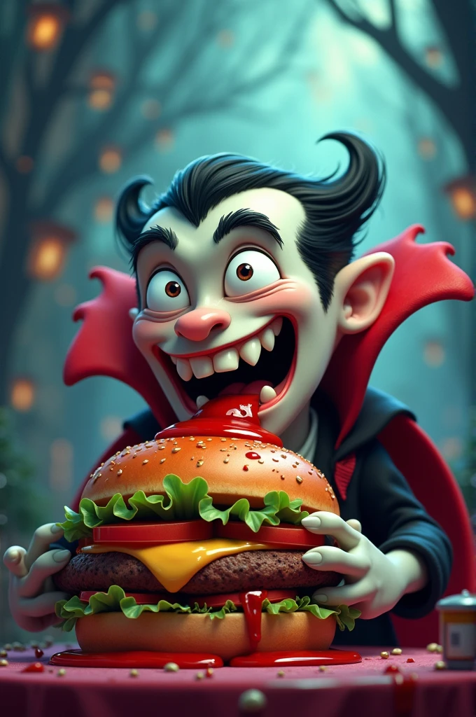 animated vampire eating burger with ketchup dripping, lain