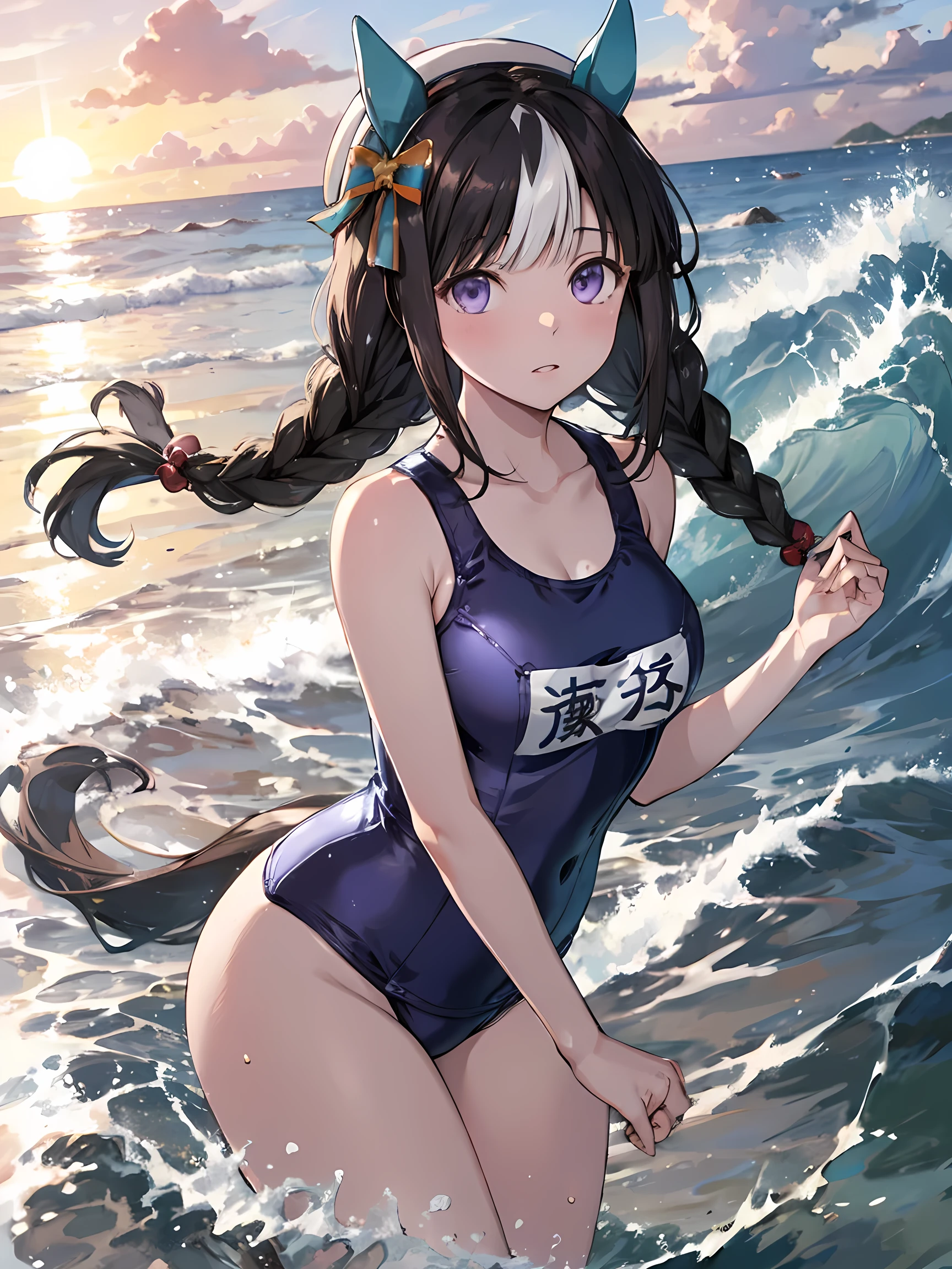 (realistic, photo realistic:1.2), ((highest quality)), move the center of gravity backwards, pretty embarrassing, hokko tarumae \(umamusume\), Purple eyes, barefoot, horse taill, (School swimsuit:1.2), cowboy shot, beach, in wave, (wind:1.1), Sun shine