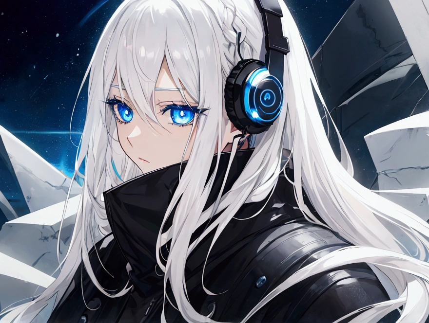 An anime dark girl, Beautiful eyes, white hair, Blue eyes, with headphones, his eyes are serene, beautiful eyes, black hair, blue eyes, scene with a futuristic car, in a secret organization outfit,