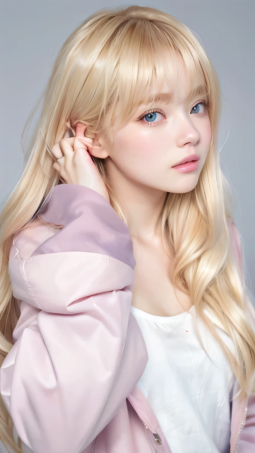 blonde haired girl with long hair and pink jacket posing for a picture, kawaii realistic portrait, soft portrait shot 8 k, realism artstyle, realistic artstyle, smooth. digital painting, hyper realistic style, soft portrait, glossy digital painting, digital art of an elegant, soft 3d render, render of april, 🤤 girl portrait, in the art style of bowater, curly hair, curly hair