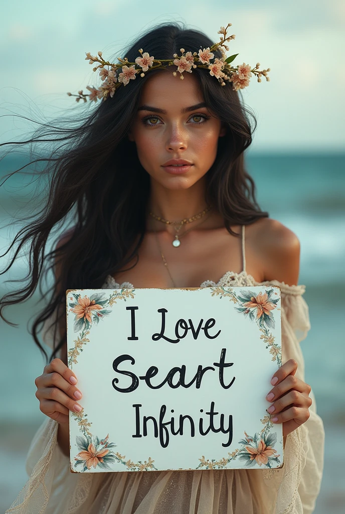 Beautiful girl with wavy long hair, bohemian dress, holding a white board with text "I Love Seaart Infinity" and showing it to the viewer