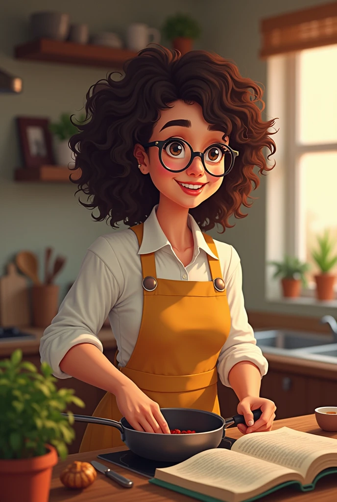 Woman with curly hair wearing glasses cooking 