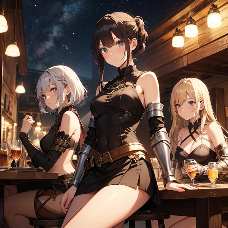 A group of female medieval fantasy adventurers, (in tavern), various hair styles, harem, night, details face, short skirt, seducing, sleeveless, armor