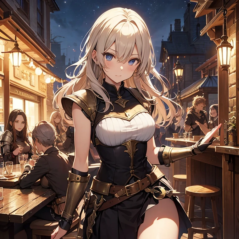 A group of  female medieval fantasy adventurers, (in tavern), various hair styles, harem, night, details face, short skirt, seducing, sleeveless, armor 