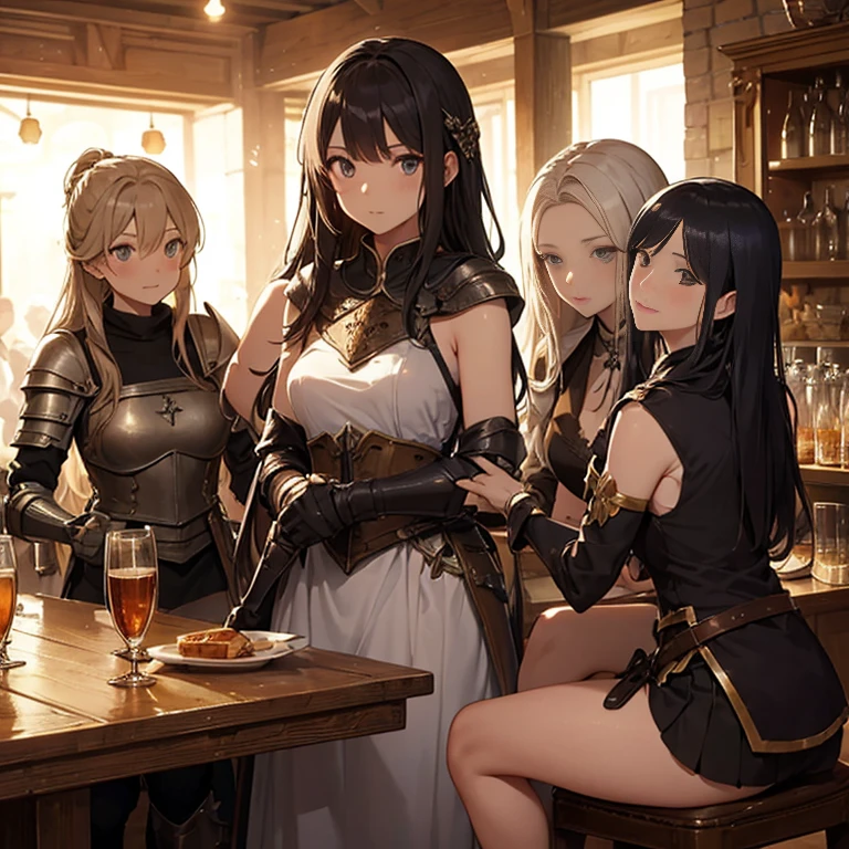 A group of female medieval fantasy adventurers, (in tavern), various hair styles, harem, night, details face, short skirt, seducing, sleeveless, armor