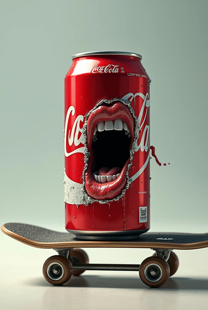 Coca-Cola in a can on a skateboard while the metal is melting, with a mouth

