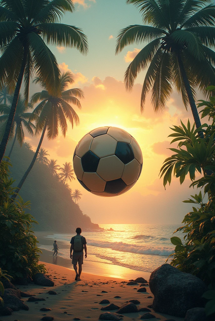 Surreal image with these elements:plants, Football, Sunsets,beach and travel